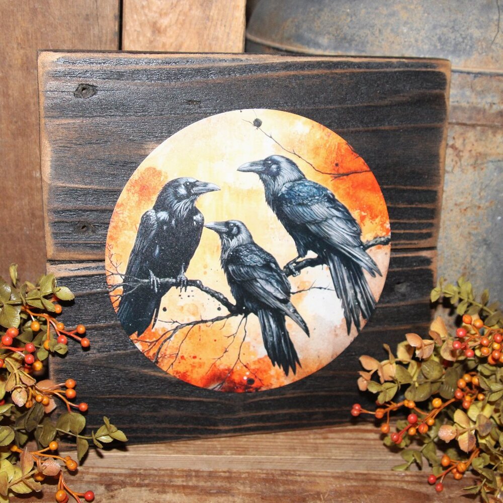NEW Moody Black Raven Crow on Branch Autumn Fall Farmhouse Wall Decor